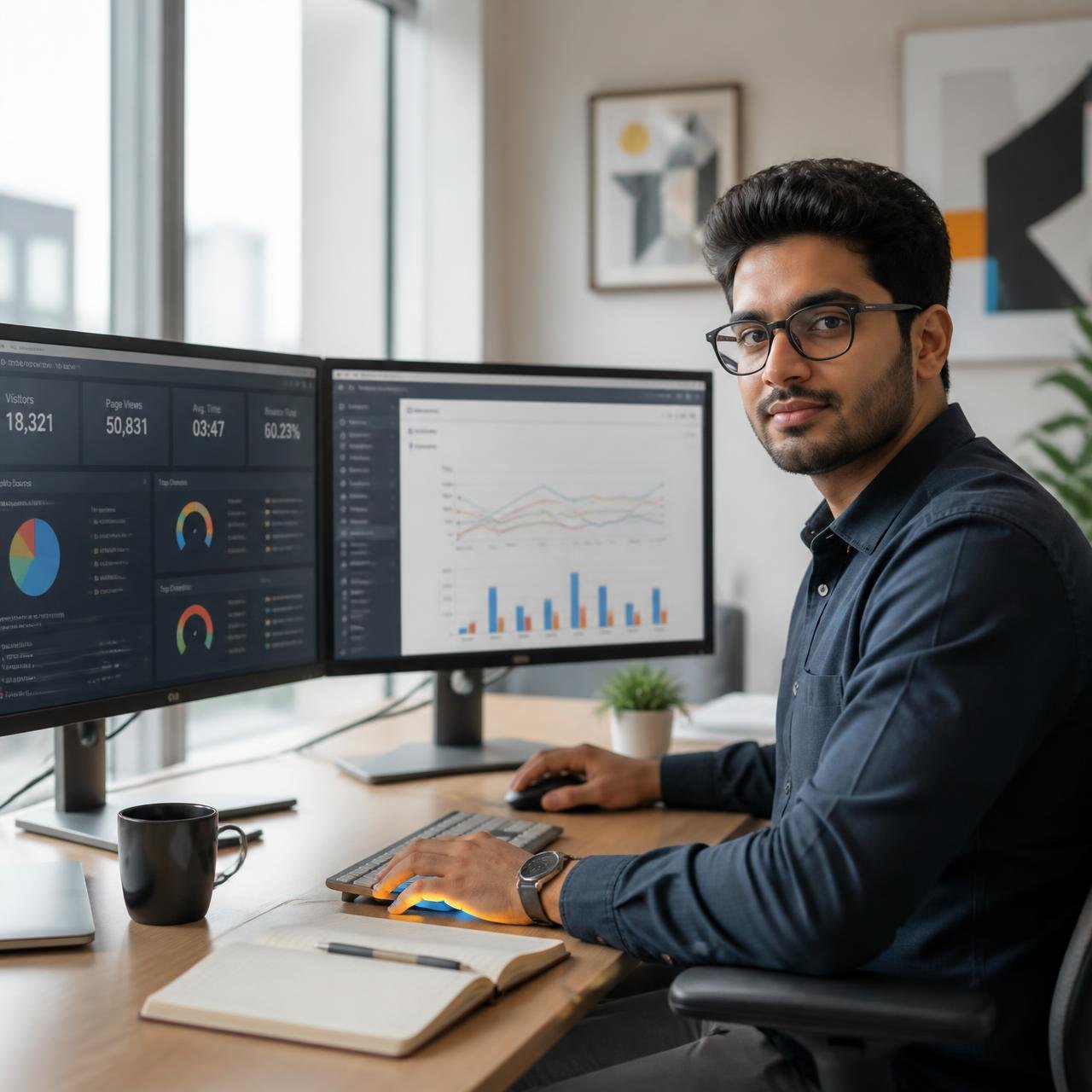 Shree Ji Web Solutions performance marketing analyst reviewing SEO and paid ads dashboards